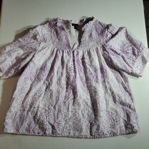 Talbots Med Linen Blend Lavender and White Smocked Short Sleeve Blouse